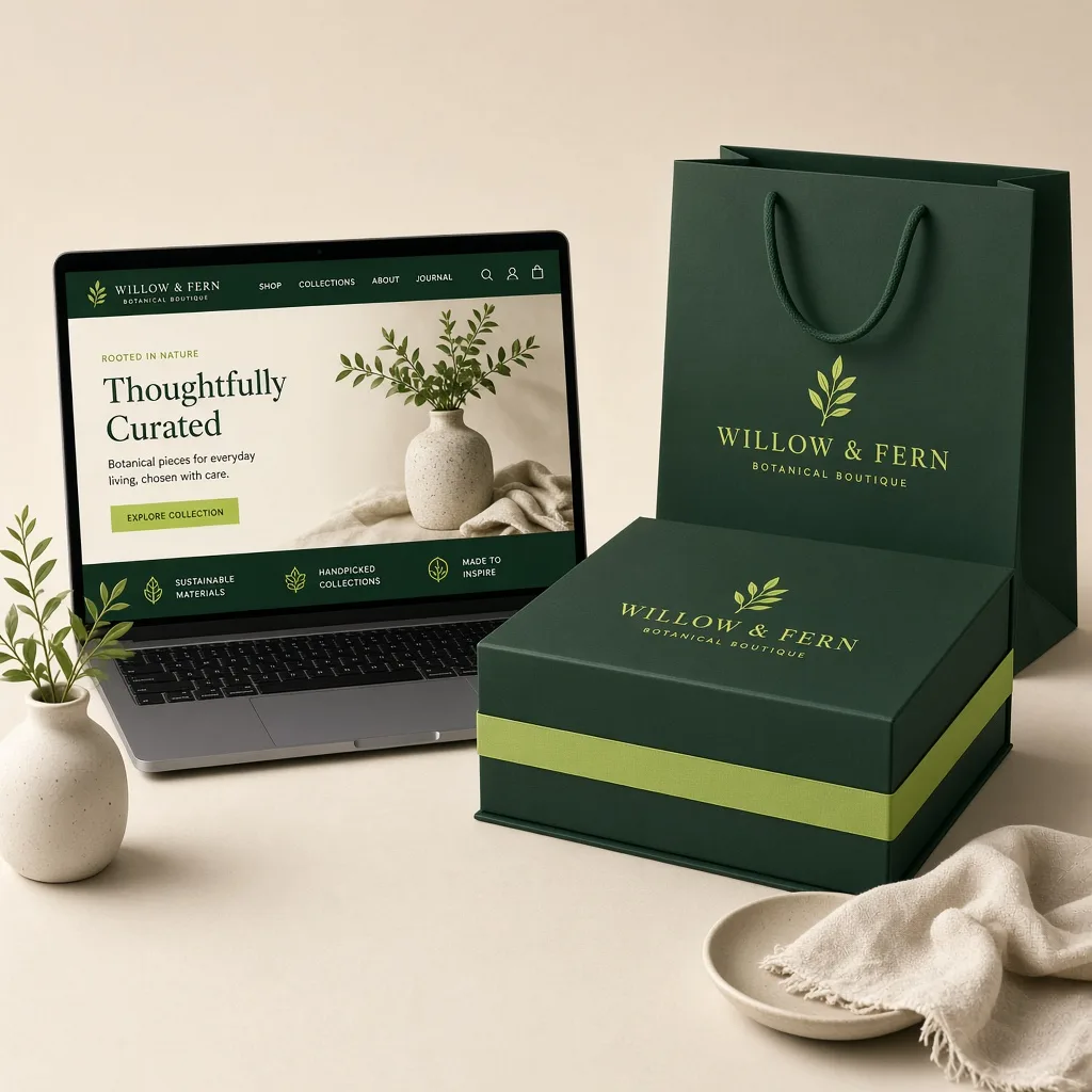 Brand application mockup — packaging, bag, and website on one system