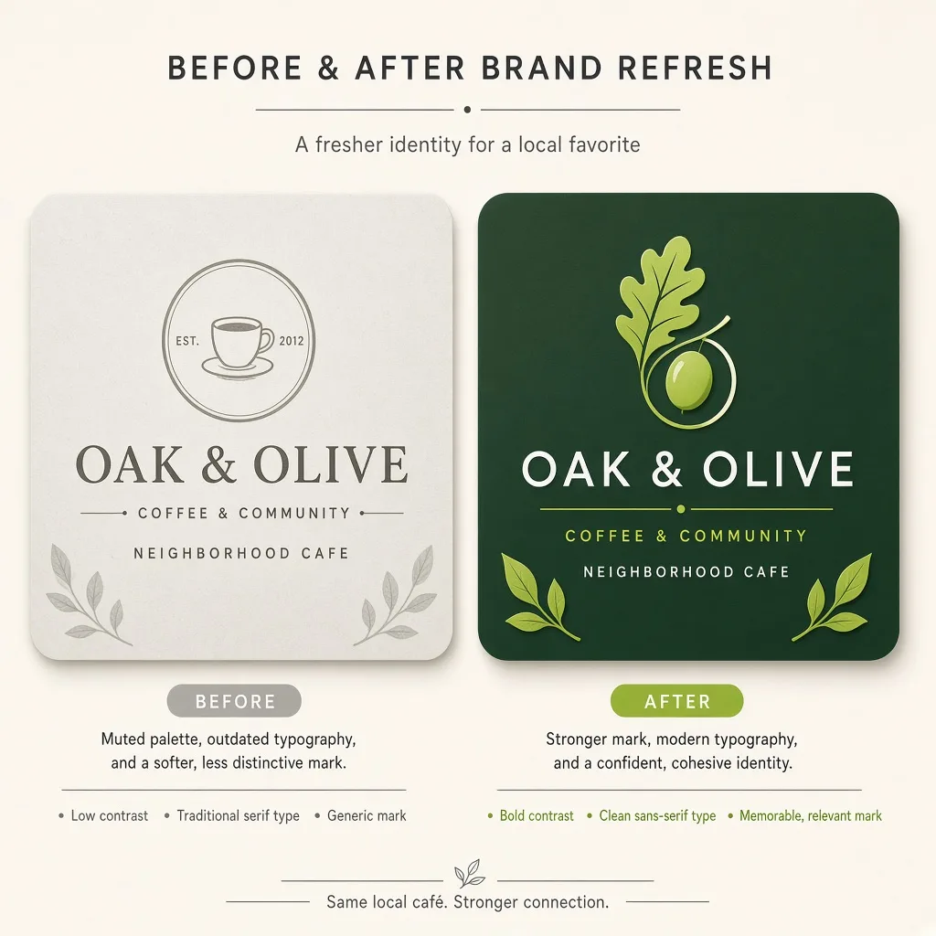 Before and after brand refresh — muted old mark versus modern green system