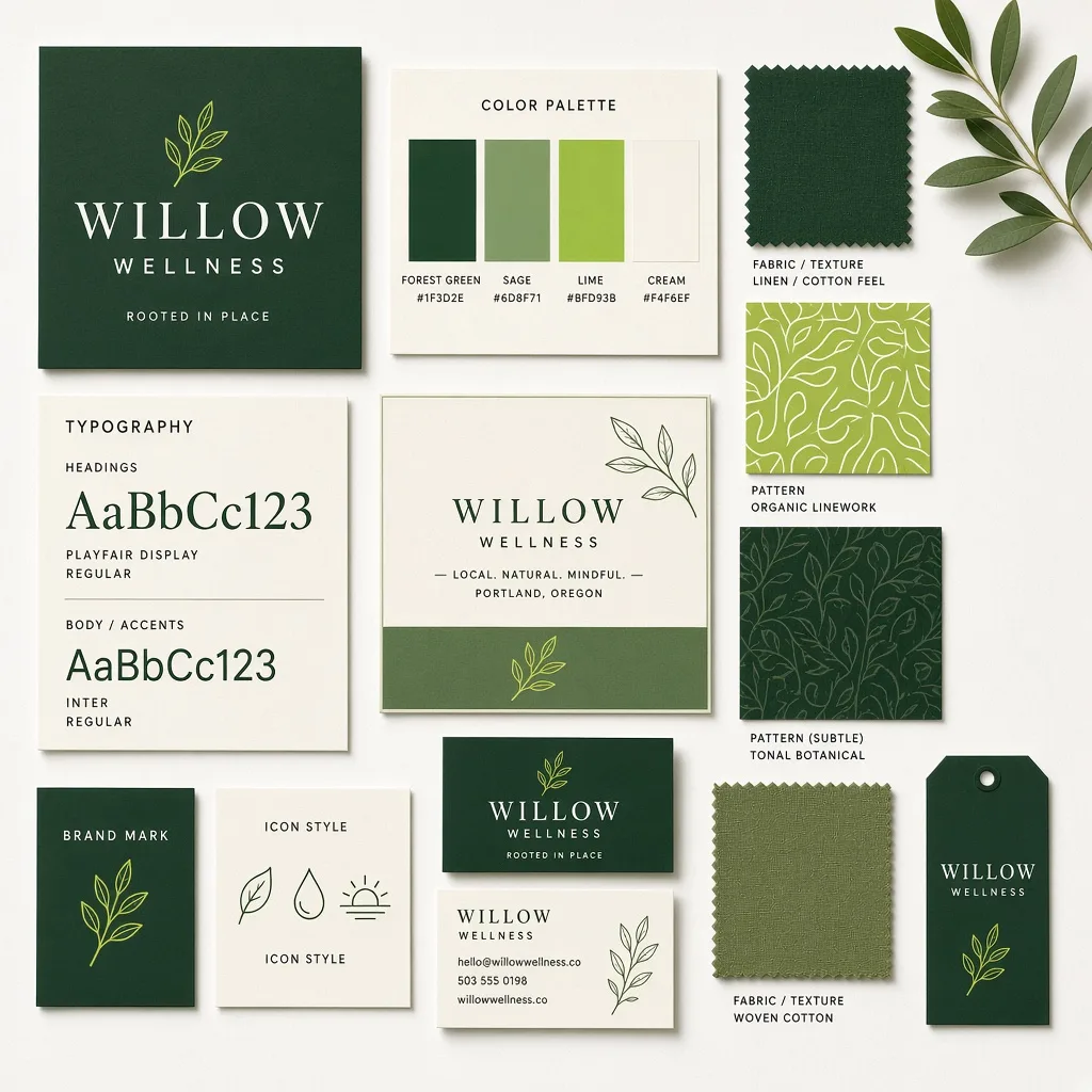 Brand identity moodboard with green palette swatches, type, and cards
