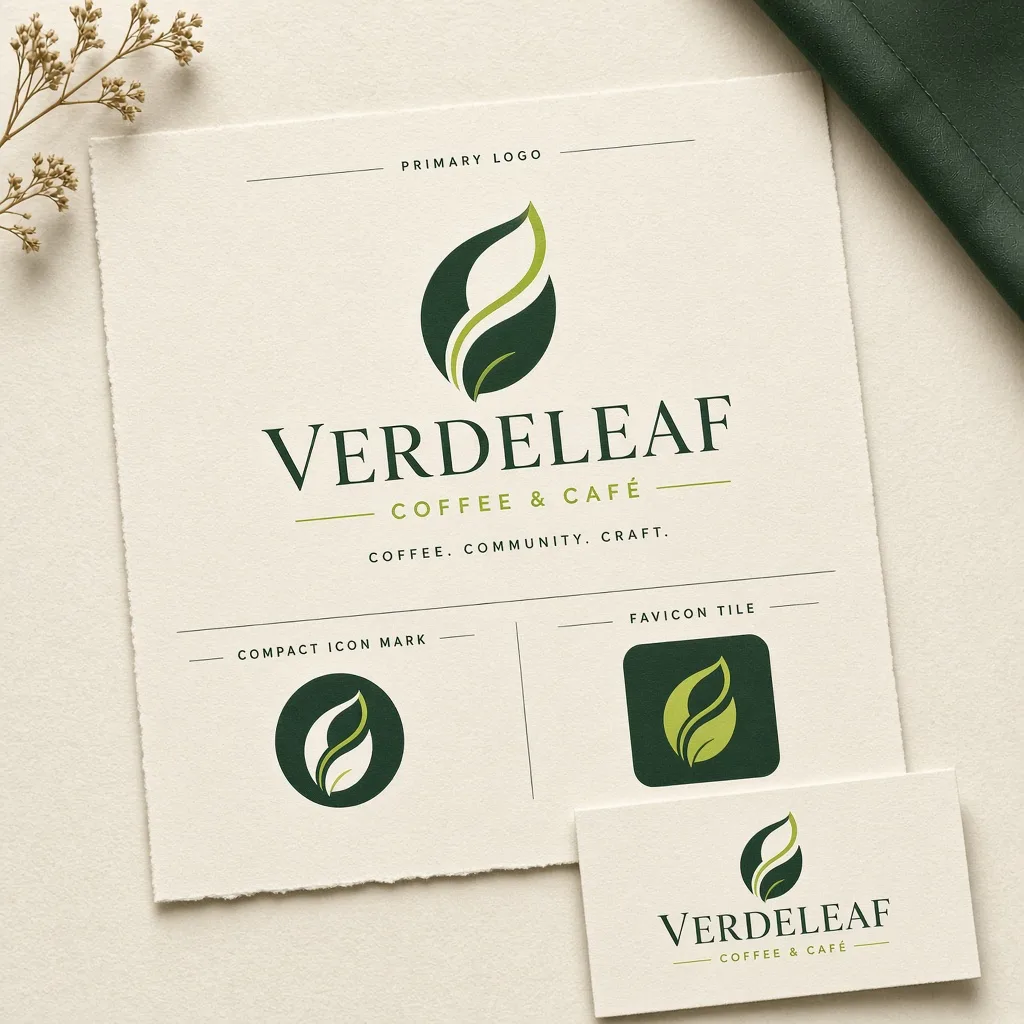 Logo suite presentation — primary mark, icon, and favicon on cream paper