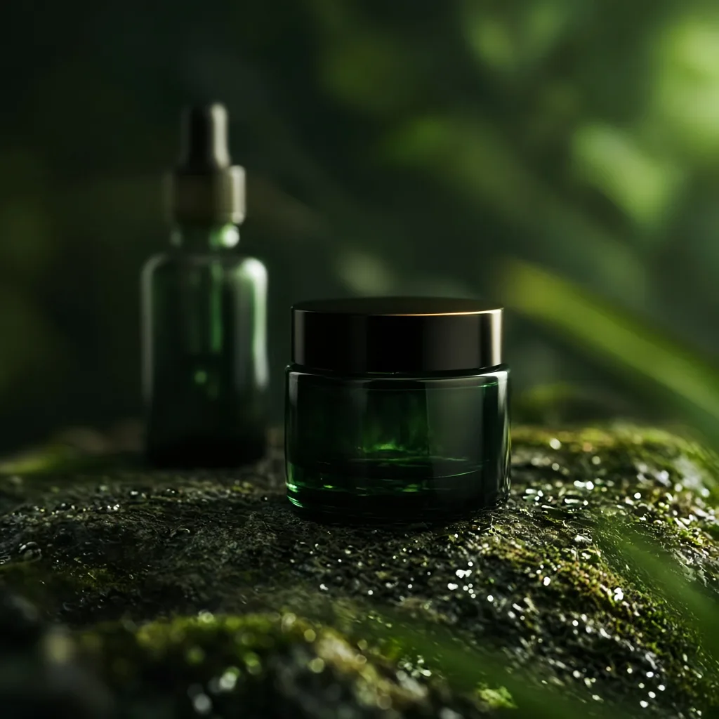 Cinematic short-form video still of a product on dark green