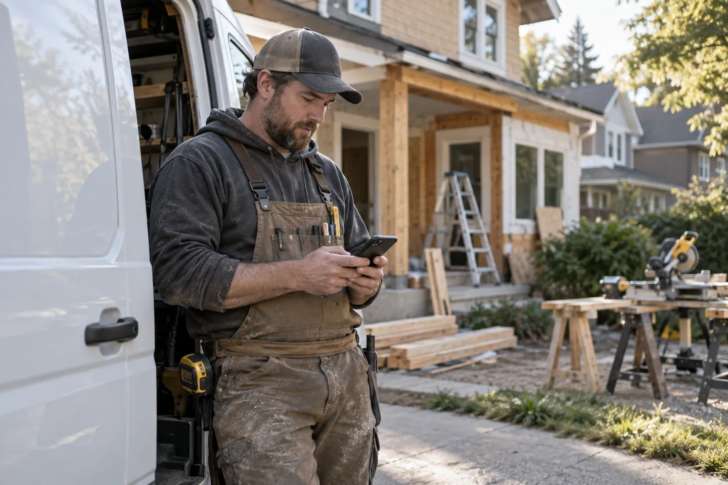 Contractor checking phone for local homeowner inquiries next to a service van