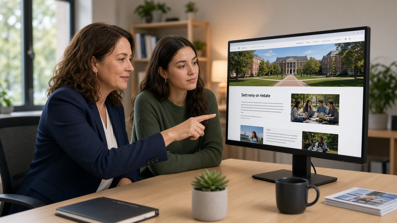 Admissions counselor guiding a prospective student through program information on a campus office screen