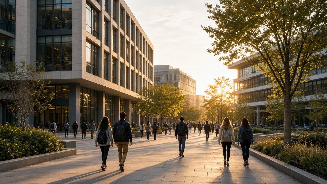 Modern university campus courtyard with students walking between buildings during golden hour