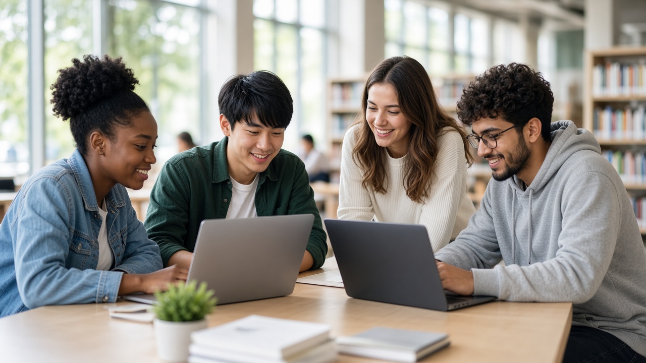 University students collaborating on laptops in a campus library while researching programs online