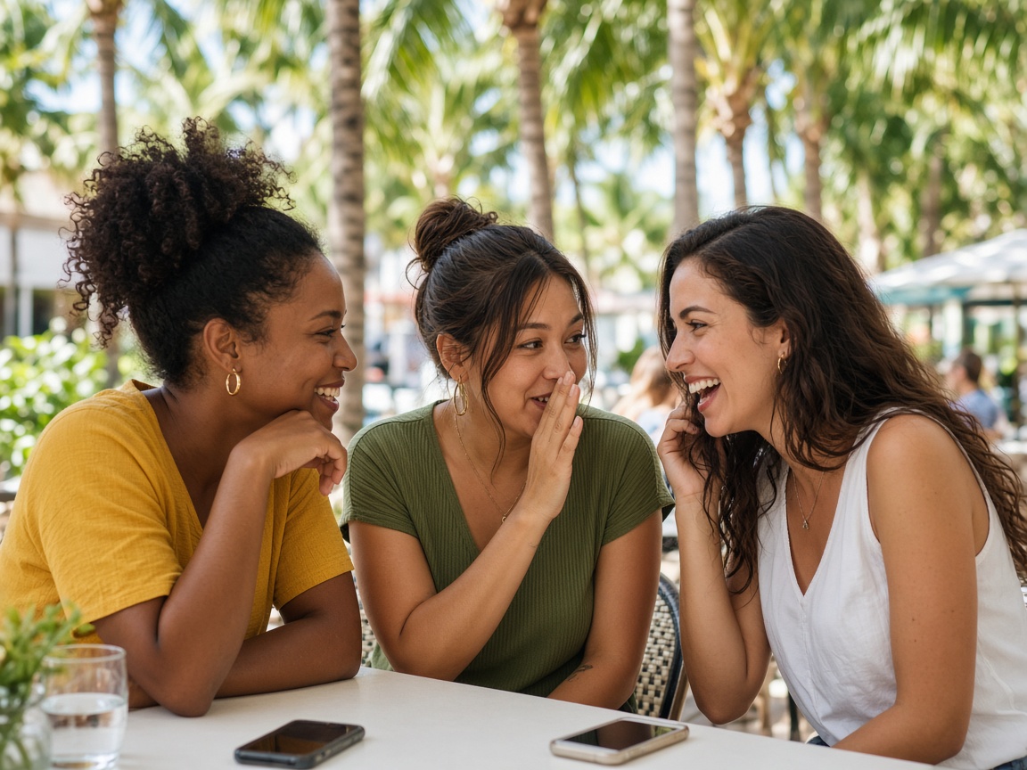 Group of friends gossiping at a sunny South Florida cafe — local buzz that local SEO helps win