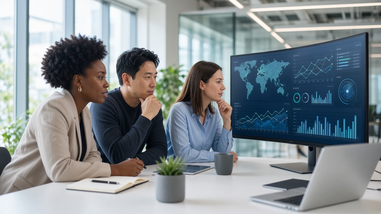 Marketing team reviewing AI search analytics on a large monitor in a modern agency office