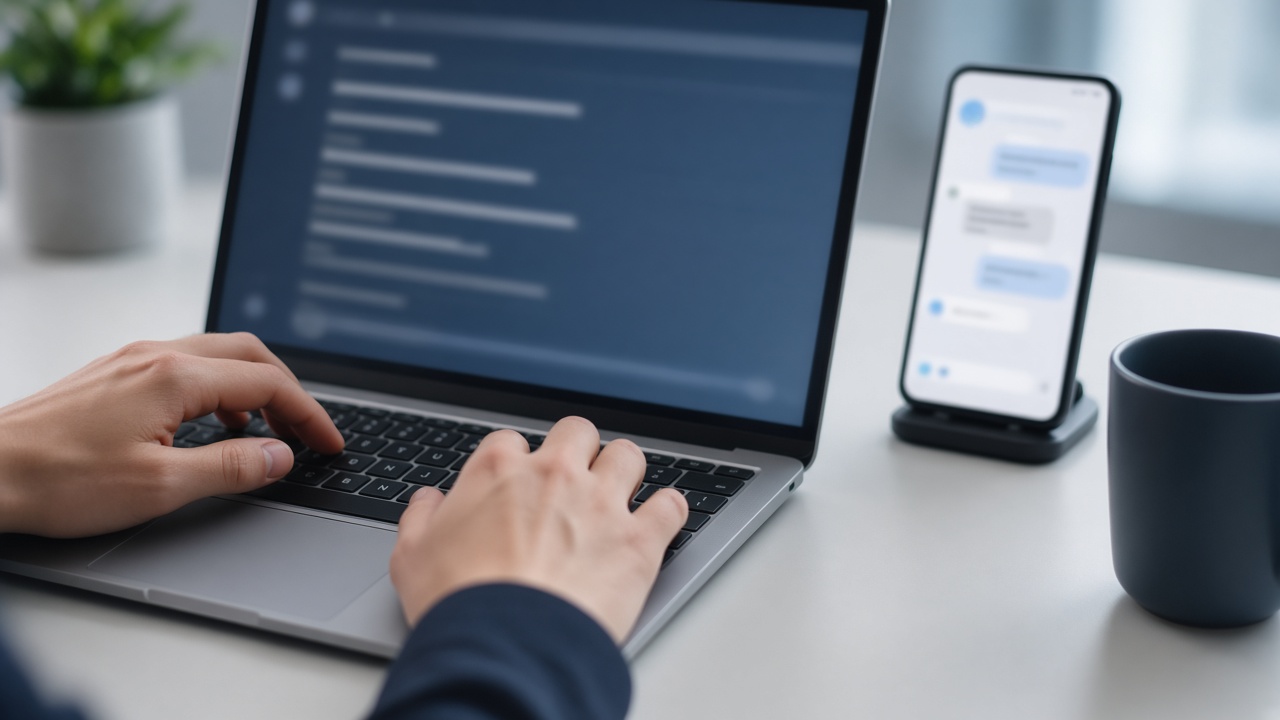 Marketer using a laptop while an AI search assistant runs on a nearby phone, illustrating AI-powered search optimization