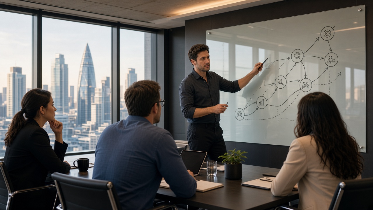 Agency strategist presenting an AI SEO growth roadmap to a team in a conference room