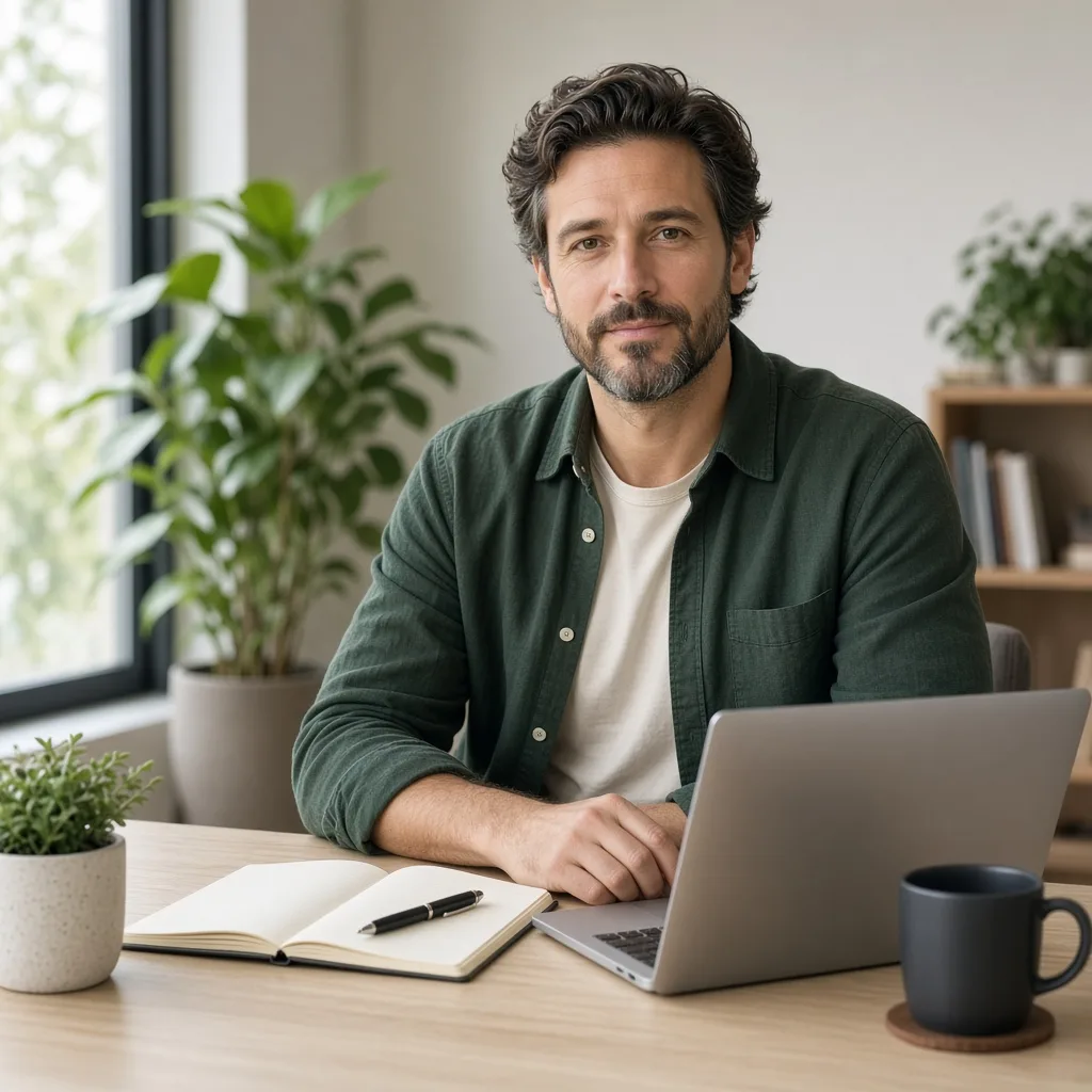 Sample LinkedIn post creative — founder at a modern desk with laptop