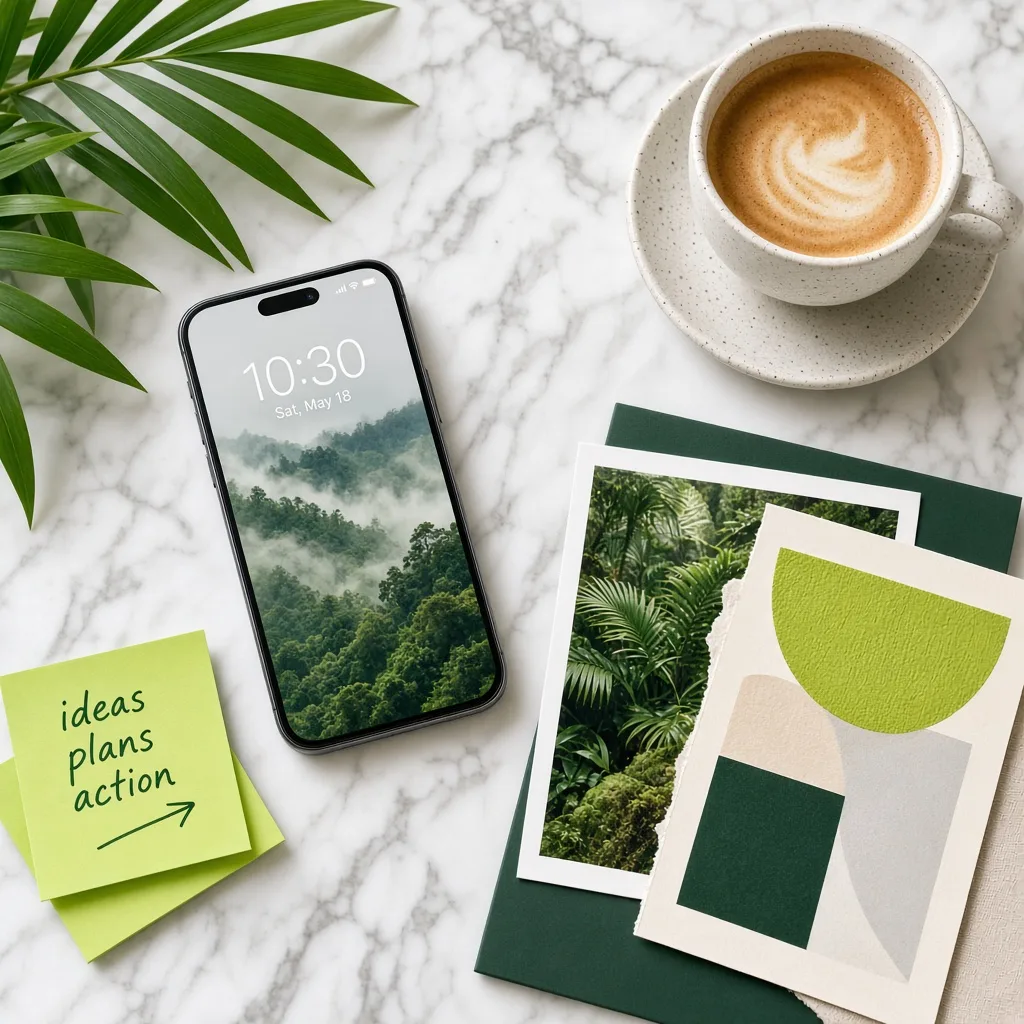 Sample Instagram Story frame — lifestyle flat-lay with phone and coffee